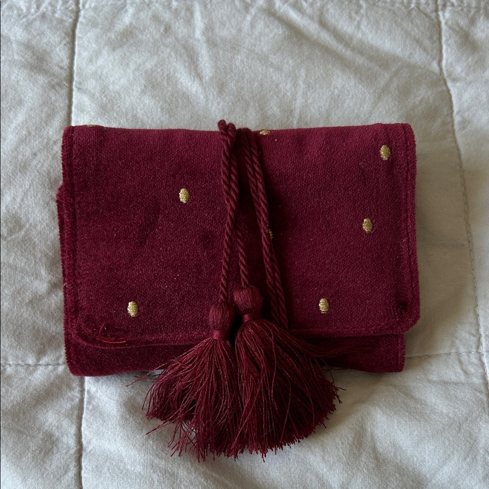 Sezane Elegant Burgundy Clutch with Gold Accents